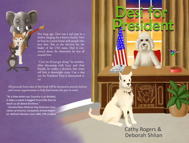 Dogs in presidential setting with U.S. flag.