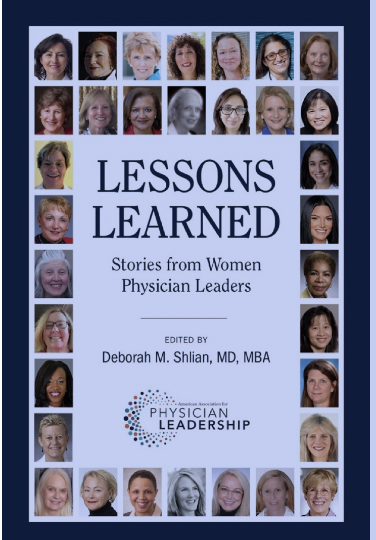 Book cover titled 'Lessons Learned' featuring stories from women physician leaders.